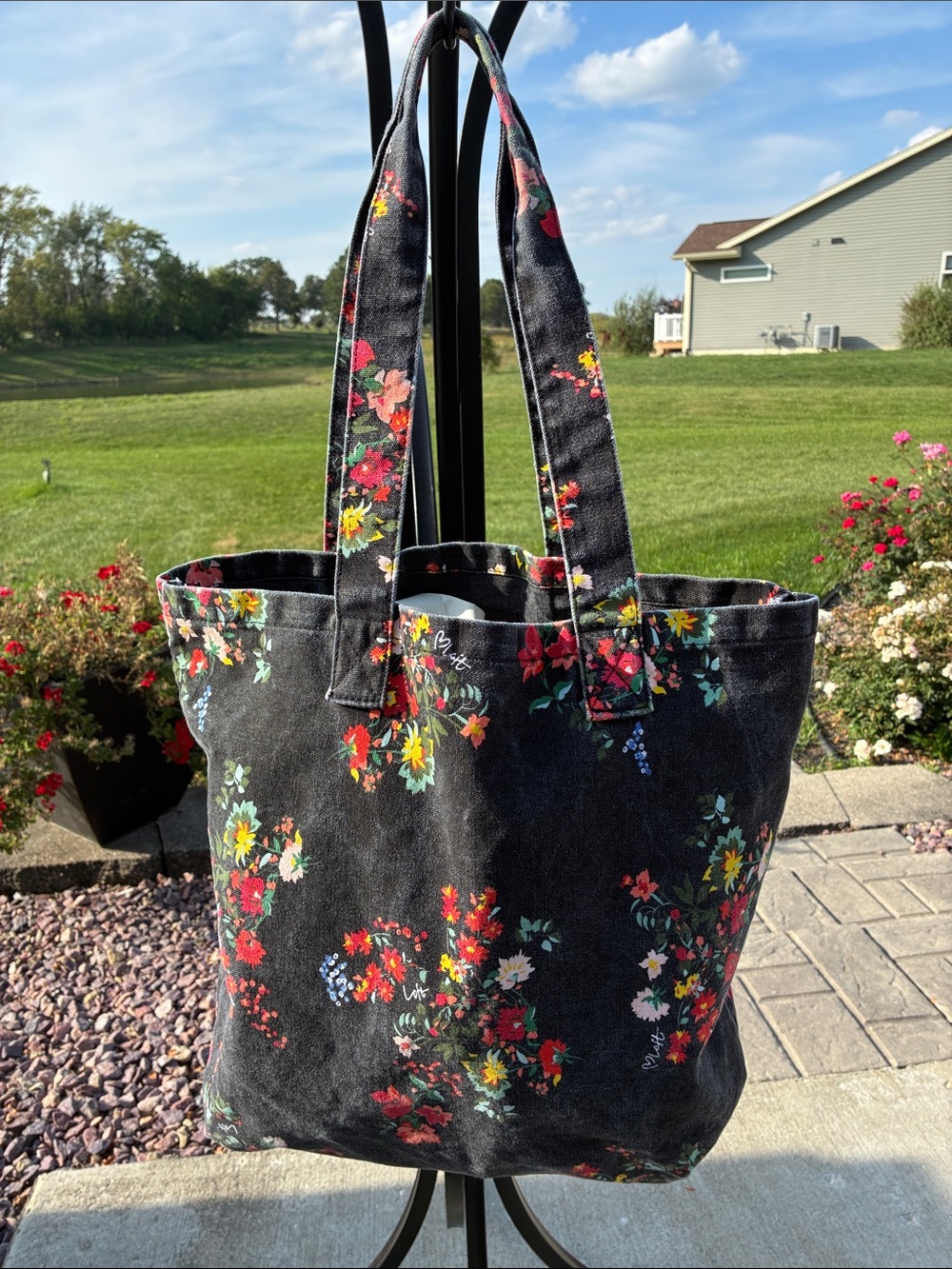 LOFT Washed Floral Print Black Canvas Tote Bag